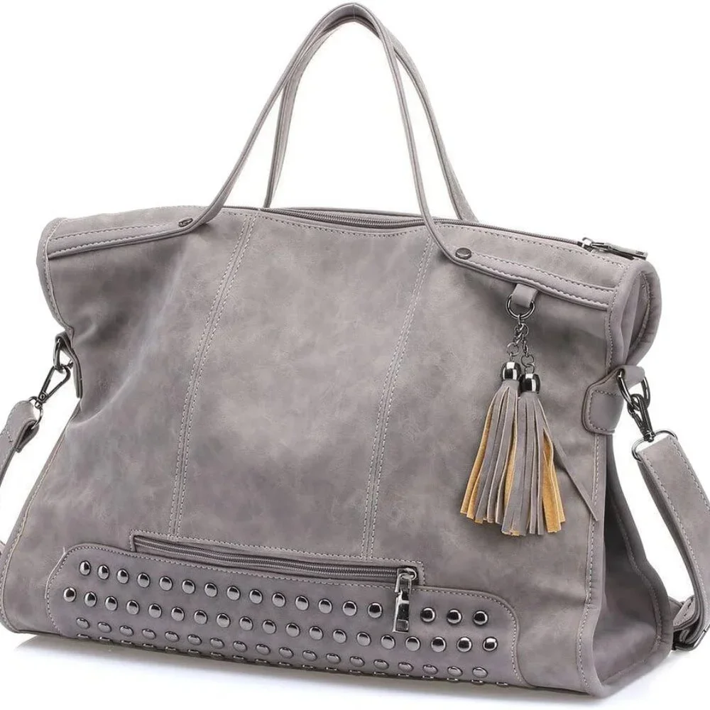 Source Unknown Gray Studded Tote with Tassel Accent
